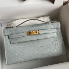 Hermes Kelly Pochette Handmade Bag In Pearl Grey Matte Alligator Leather JM465Pg26