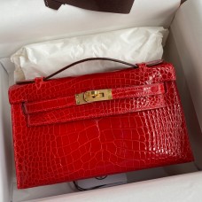 Hermes Kelly Pochette Handmade Bag In Red Shiny Alligator Leather JM326aC46