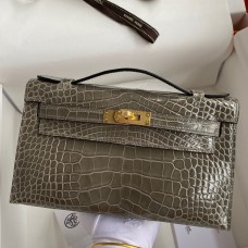Hermes Kelly Pochette Handmade Bag In Taupe Shiny Alligator Leather JM1353Fo38