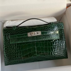 Hermes Kelly Pochette Handmade Bag In Vert Fonce Shiny Alligator Leather JM329Jc39