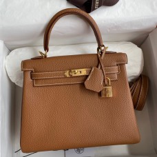 Hermes Kelly Retourne 25 Handmade Bag In Gold Clemence Leather JM757Fo38