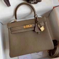 Hermes Kelly Retourne 25 Handmade Bag In Taupe Clemence Leather JM808Xy49