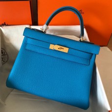 Hermes Kelly Retourne 28 Handmade Bag In Blue Zanzibar Clemence Leather JM1944Rd78