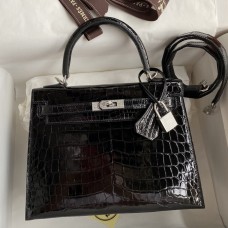 Hermes Kelly Sellier 25 Diamond Bag In Black Crocodile Niloticus Shiny Skin JM1617eo14