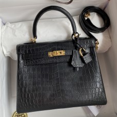 Hermes Kelly Sellier 25 Handmade Bag In Black Crocodile Niloticus Matte Skin JM994QX19