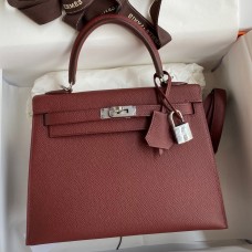 Hermes Kelly Sellier 25 Handmade Bag In Bordeaux Epsom Calfskin JM925Jc39