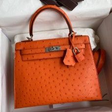 Hermes Kelly Sellier 25 Handmade Bag In Orange Ostrich Leather JM558yK94