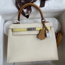 Hermes Kelly Sellier 25 Tricolor Bag in Craie/Sesame/Yellow Epsom Calfskin JM1800qq80