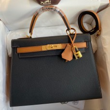 Hermes Kelly Sellier 28 Bicolor Bag in Black and Gold Epsom Calfskin JM82Hj78