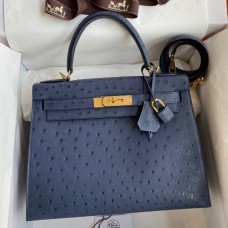Hermes Kelly Sellier 28 Handmade Bag In Blue Iris Ostrich Leather JM1897AM45