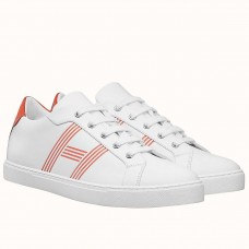 Hermes Men's Avantage Sneakers In White/Orange Calfskin JM321XZ90