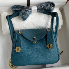 Hermes Mini Lindy Handmade Bag In Vert Bosphore Clemence Leather JM1651Fo38