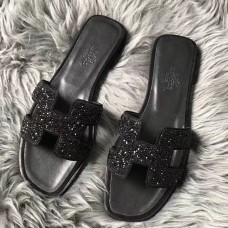 Hermes Oran Sandals In Black Suede With Black Crystal JM1386vA83