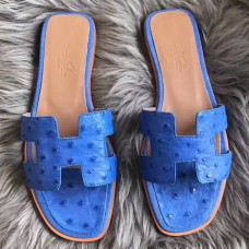 Hermes Oran Sandals In Blue Hydra Ostrich Leather JM868kv47
