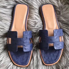 Hermes Oran Sandals In Blue Ostrich Leather JM93Kn73