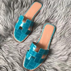 Hermes Oran Sandals In Blue Paon Shiny Niloticus Crocodile JM879eL18