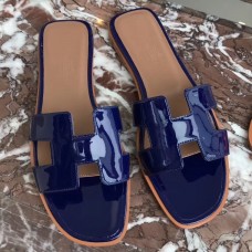 Hermes Oran Sandals In Blue Patent Leather JM1618bT70