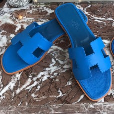 Hermes Oran Slide Sandals In Blue Hydra Epsom Calfskin JM619XZ90