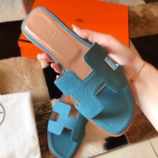 Hermes Oran Slide Sandals In Blue Jean Clemence Leather JM107NL80
