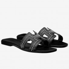 Hermes Oran Studs Sandals In Black Leather JM817mx92