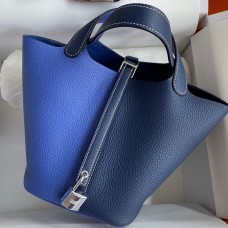 Hermes Picotin Lock 18 Bicolor Handmade Bag in Blue and Blue Saphir Clemence Leather JM629Mv33