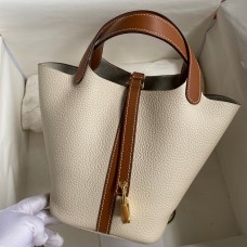 Hermes Picotin Lock 18 Bicolor Handmade Bag in Craie and Gold Clemence Leather JM565Nr89