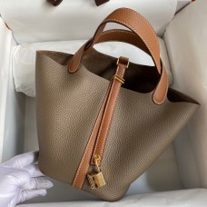 Hermes Picotin Lock 18 Bicolor Handmade Bag in Taupe and Gold Clemence Leather JM682Mw52