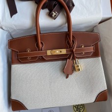 High Imitation Hermes Birkin 30 Handmade Bag In Toile & Gold Swift Leather JM562Dd98