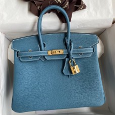 Hot Hermes Birkin 25 Handmade Bag In Blue Jean Clemence Leather JM1898GO58