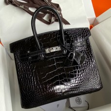 Imitation Hermes Birkin 25 Retourne Handmade Bag In Black Shiny Alligator Leather JM1687RD67