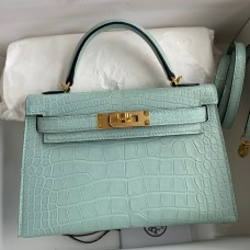 Imitation Hermes Kelly Mini II Sellier Handmade Bag In Vert D'eau Matte Alligator Leather JM577qe74