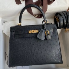 Imitation Hermes Kelly Sellier 25 Handmade Bag In Black Ostrich Leather JM924sd97