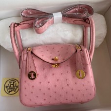 Imitation Hermes Mini Lindy Handmade Bag In Rose Sakura Ostrich Leather JM445NC66