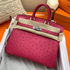 Knockoff Hermes Birkin 25 Handmade Bag In Rose Red Ostrich Leather JM701tp21