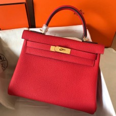 Knockoff Hermes Kelly Retourne 28 Handmade Bag In Red Clemence Leather JM1855YI96