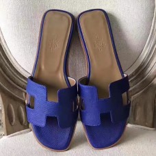 Replica Cheap Hermes Oran Sandals In Blue Epsom Leather JM645Vu82