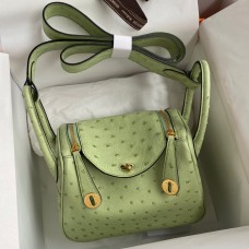 Replica Fashion Hermes Mini Lindy Handmade Bag In Vert Cypres Ostrich Leather JM1975Vw59