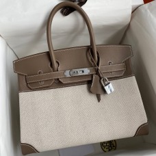 Replica Hermes Birkin 30 Handmade Bag In Toile & Tourterelle Swift Leather JM103QA46