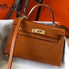 Replica Hermes Kelly Mini II Handmade Bag In Brown Crocodile Embossed Leather JM892BV51