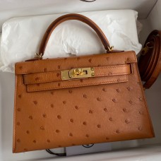Replica Hermes Kelly Mini II Sellier Handmade Bag In Gold Ostrich Leather JM130eZ32