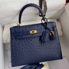 Replica Hermes Kelly Sellier 25 Handmade Bag In Blue Iris Ostrich Leather JM1755mQ18