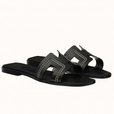 Replica Hermes Oran Sandals In Black Leather With Stitched Detail JM341pe68