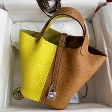 Replica Hermes Picotin Lock 18 Bicolor Handmade Bag in Lime and Gold Clemence Leather JM683On56