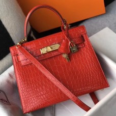 Top Hermes Kelly 25cm Handmade Bag In Red Embossed Crocodile Leather JM1840mg19